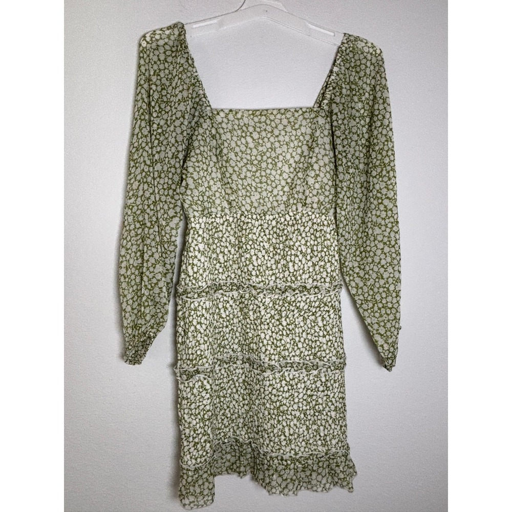 Sim & Sam Green White Floral Smocked Tiered Mini Dress‎ Square Neck Small